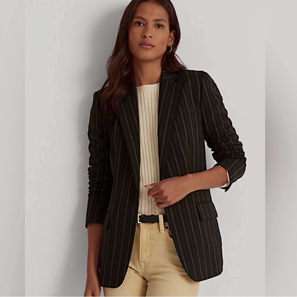 🆕 LAUREN Ralph Lauren Women’s Black Pinstripe Single Button Wool Blend Blazer 6